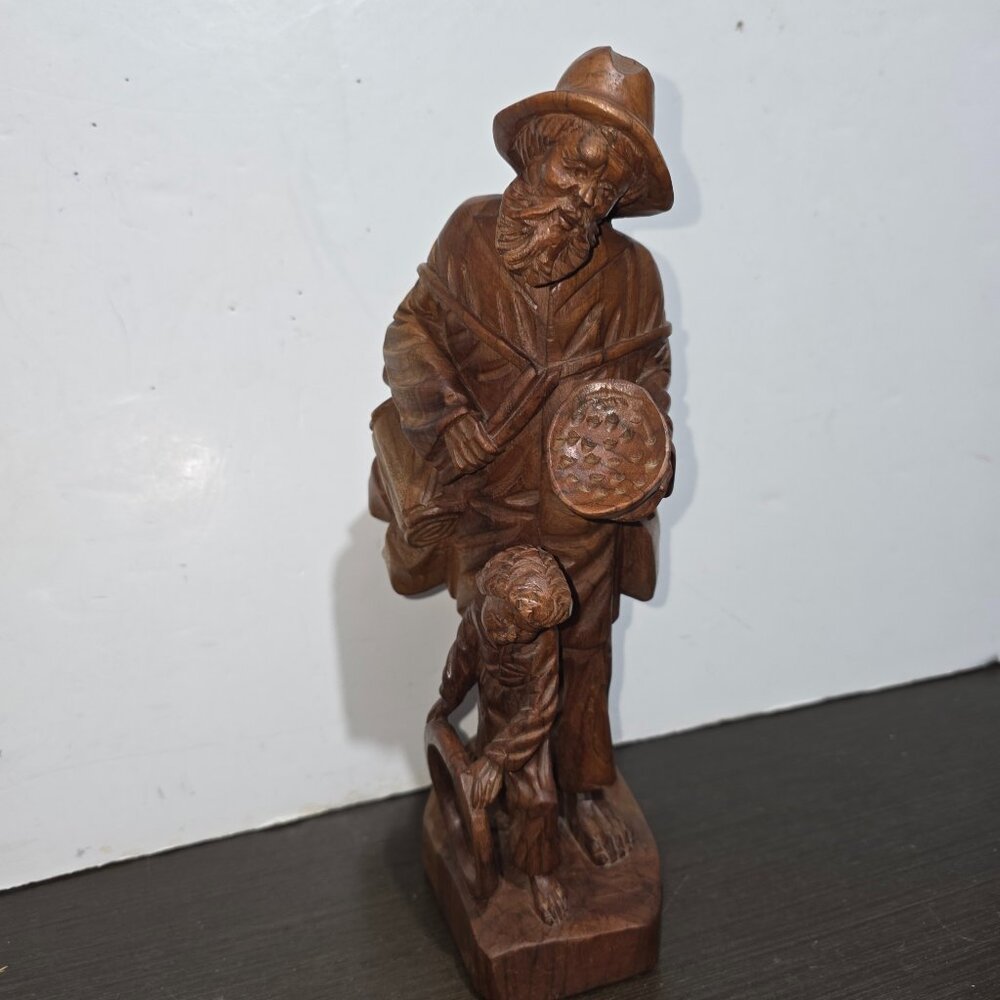 Vtg Wood Hand Carved Peasant Man with Boy 12"